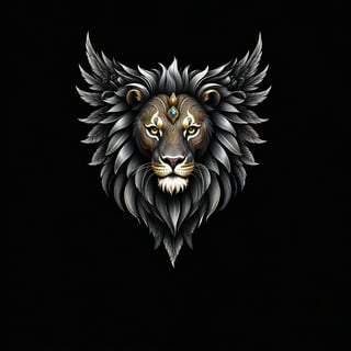 a lion tribal whit wing majestic with clasic ornament Mechanical lines Elegance T-shirt design, BLACK BACKGROUND