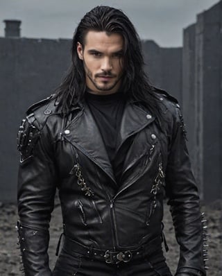 (Solo Man),  A full body shot of a young goth Man, with very long hair, a very serious, muscular body, (very chiselled face), a handsome man, with one raised eyebrow, wearing a black metal cyborg suit, Black lips, dark eye makeup, dark future battlefield background, ,heavy_jacke, ,heavy_jacket, perfect fingers, perfect hand, black gloves,jaeggernawt, look at the viewer