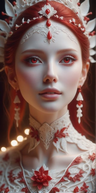 sculpture portrait of an woman white porcelain skin pierced with red Intricate details, very realistic cinematic lighting, volumetric lighting, photographic, no blur, bokeh, defocus, degree sharpness ,porcellana style