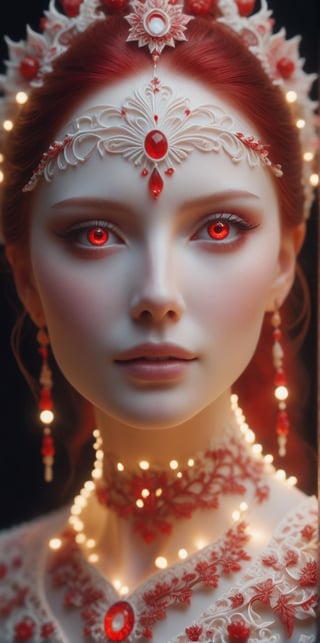 sculpture portrait of an woman white porcelain skin pierced with red Intricate details, very realistic cinematic lighting, volumetric lighting, photographic, no blur, bokeh, defocus, degree sharpness ,porcellana style