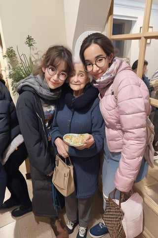 A whimsical 3D cartoon scene in Pixar style, showcasing a youthful trio of females. A curious young girl, with bright eyes and tousled hair, stands alongside her mother - a warm-smiling woman with a gentle expression. Together they gaze in utter disbelief at their grandmother - a sassy senior with a mischievous glint in her eye. The three generations are framed against a vibrant cityscape backdrop, with hyper-detailed buildings and bustling street life. Lighting is bright and playful, with a dash of humor captured in the exaggerated facial reactions and dynamic poses.