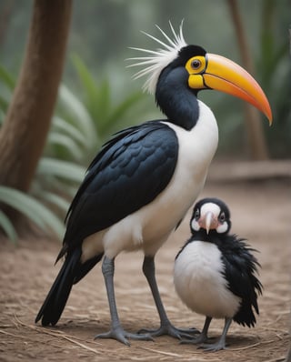 Pair of colorful toucan like creatures, colorful colours, with mixed feature of flamingo, secretary-bird,  lifted_tail, Ribbon-Tailed Astrapia tail, emu, penguin, ostrich, Cassowaries, colorful tip feather accent. 
baby birds following them.
Background its hay nest, eggs, hatchling, indonesian natural forest, mountain in papua. 
various trees, colorful flowers, exotic birds.
The a pack of same species creatures background. realistic, photography, ,zhibi,monster,PokeMaster_PS,Muscle