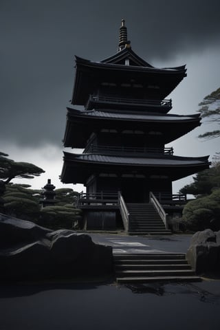 Create a hyper-realistic, dark, and eerie scene with a completely black background. The viewpoint is from the front. The image should have an old photograph, film camera style, with a grainy texture, lacking in light, and with a shaky, blurry effect. The setting is a decrepit, half-collapsed Japanese shrine, with peeling paint and rotting wood that crumbles in the wind. The world is dark and lonely, with no sound or light. Huge black particles swirl around in the wind, creating an effect that surrounds the shrine, amidst a storm of black dust.