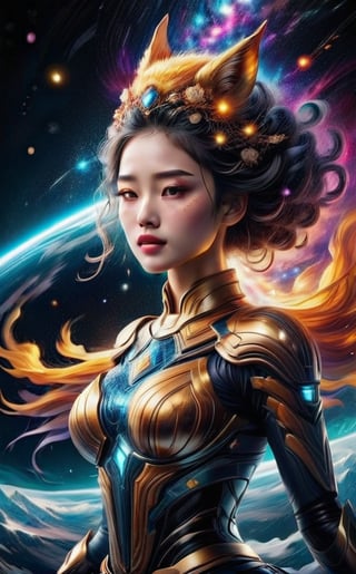 "Create an ultra-realistic, extreme sports photography cinematic scene. In the center of the image, there is a rotating, colorful plasma gas and light wormhole. Emerging halfway from the wormhole is a beautiful nine-tailed golden fox princess (either Oriental or Western). She has an oval-shaped face, flowing golden wavy long hair, and is wearing a princess dress made of pure gold-embroidered lace, featuring floral patterns and pure gold lace trim. She has her mouth open and is reaching out with her right hand for help. The image should have high contrast with detailed facial features, rich details, and extremely high resolution, presenting a photographic realism with intricate textures. Incorporate trillions of layers of exposure to enhance the depth and realism."