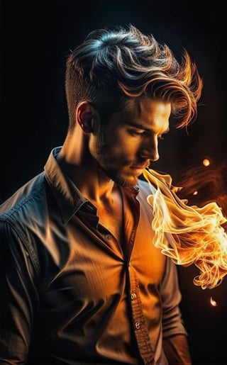 A man is on fire, yet calmly drinking his drink. Flames burst out from his hair and body, and the firelight was particularly dazzling in the dim environment. A blazing fire, bright reds and oranges intertwined, sparks flying everywhere. Flame shape changing, black background