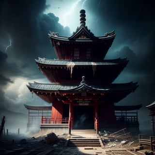 Create a hyper-realistic, dark, and eerie scene with a completely black background. The viewpoint is from the front. The image should have an old photograph, film camera style, with a grainy texture, lacking in light, and with a shaky, blurry effect. The setting is a decrepit, half-collapsed Japanese shrine, with peeling paint and rotting wood that crumbles in the wind. The world is dark and lonely, with no sound or light. Huge black particles swirl around in the wind, creating an effect that surrounds the shrine, amidst a storm of black dust.