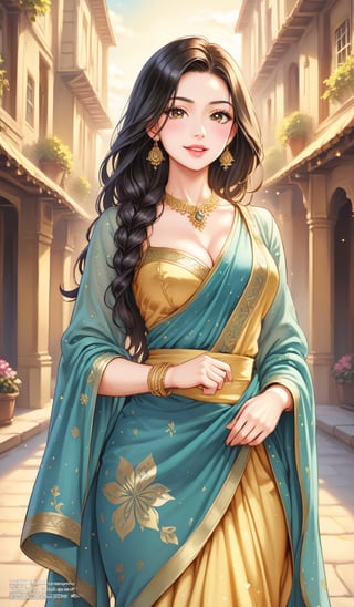 (masterpiece, top quality, best quality, official art, beautiful and aesthetic:1.2), hdr, high contrast, wideshot, 1girl, long straight black hair with blunt bangs, cheering to viewer, clearly brown eyes, longfade eyebrow, soft make up, ombre lips, hourglass body, large breast, (spring theme:1.5), finger detailed, background detailed, ambient lighting, extreme detailed, cinematic shot, realistic ilustration, (soothing tones:1.3), (hyperdetailed:1.2)