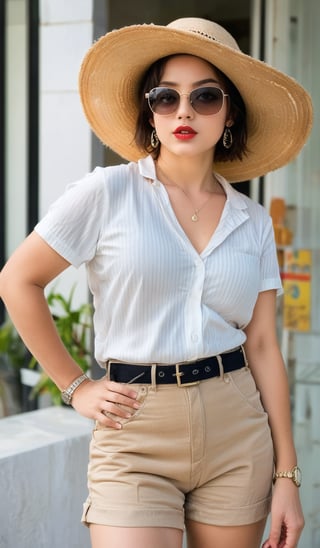 1girl, solo, short hair, shirt, black hair, hat, holding, jewelry, standing, short sleeves, cowboy shot, earrings, parted lips, shorts, striped, belt, indoors, necklace, hand on hip, blurry background, sunglasses, genderswap, genderswap \(mtf\), sun hat, watch, striped shirt, red lips, wristwatch, photo background