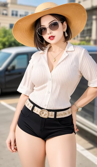 1girl, solo, short hair, shirt, black hair, hat, holding, jewelry, standing, short sleeves, cowboy shot, earrings, parted lips, shorts, striped, belt, indoors, necklace, hand on hip, blurry background, sunglasses, genderswap, genderswap \(mtf\), sun hat, watch, striped shirt, red lips, wristwatch, photo background