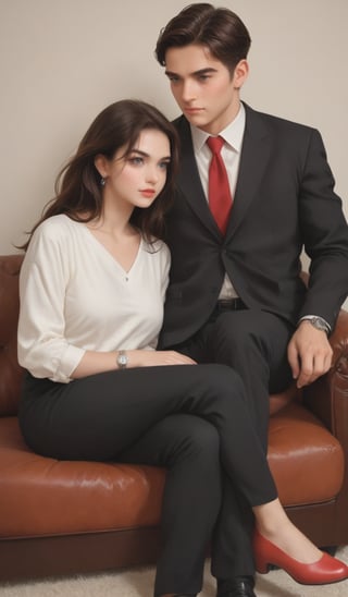 1girl, long hair, short hair, simple background, shirt, black hair, 1boy, white background, brown eyes, jewelry, sitting, jacket, white shirt, earrings, shoes, pants, looking at another, black pants, formal, crossed arms, crossed legs, suit, red footwear, couch, eye contact, watch, wristwatch,Couple photoshoot,Couple photography,Couple poses