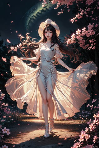 1 girl, a beautiful young smiling Japanese girl with long straight hair, bangs, blue eyes, straight nose, white soft skin; small lips, flat belly, long legs, ergonomic hands and fingers, symmetrical body shape, relaxed fingers, aesthetic looking; wearing silky shining dress, wizard hat; dawn, cherry blossom, field, mountain; sharp focus, wide shot, full body shot; photorealistic style; ultra detailed, soft light, warm tone; high dynamic range, vivid colors, high quality photo, masterpiece, extremely Realistic, best quality, fantasy scene, sharpen image,neon background, Colorful Binary Code Energy, ray tracing, bokeh, depth of field, raw photo, soft neon lights, pastelbg, glowwave, Strong Backlit Particles, front lightning.