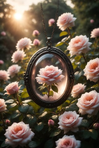 A rose quartz in a locket, surrounded by blooming roses, in a garden lit by the dawn.