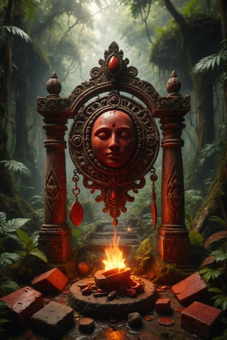 A red jasper in a tribal pendant, surrounded by fire, on an ancient altar in the jungle.