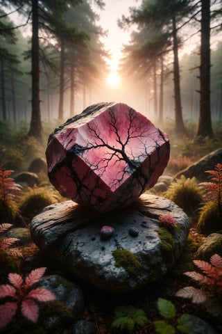 A pink rhodonite with black veins in a rock, radiating balance, in a forest clearing at dawn.