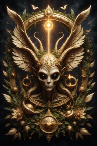 Generate a scene of a golden luxury alien with wings and horns at the center of a laurel wreath, surrounded by symbols of the four elements and mythical creatures, symbolizing completion, integration, and universal harmony.