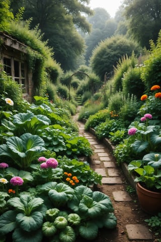 A well-tended garden with vegetables, herbs, and flowers growing vigorously.