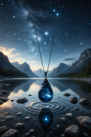 A deep blue sapphire in a pendant floating above a crystal-clear lake under a starry sky.