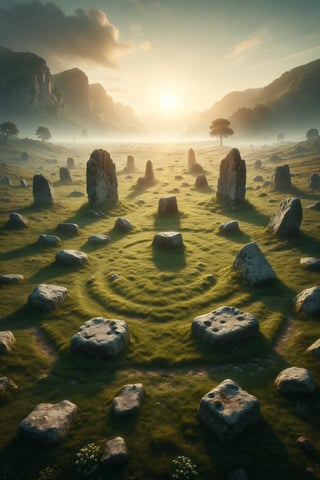 A circle of ancient stones in a green meadow, illuminated by the rising sun.