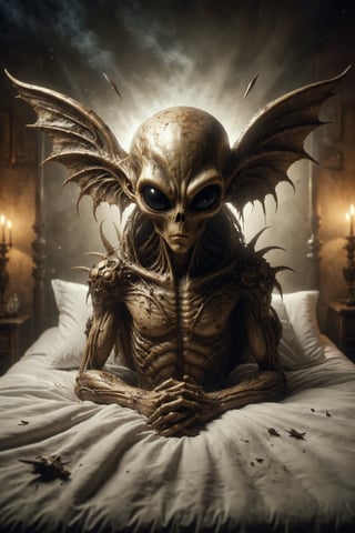 Generate an image of a golden luxury alien with wings and horns awake in bed, with a distressed expression and nine swords floating in the air, symbolizing anxiety, fears, and nocturnal worries.