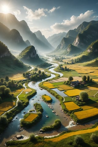 A fertile valley with crystal-clear rivers, golden fields, and green mountains under a clear sky.