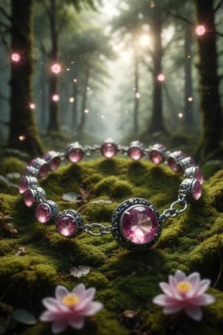 A  pink tourmaline in a silver bracelet, radiating love and compassion, in an enchanted forest illuminated by fireflies.