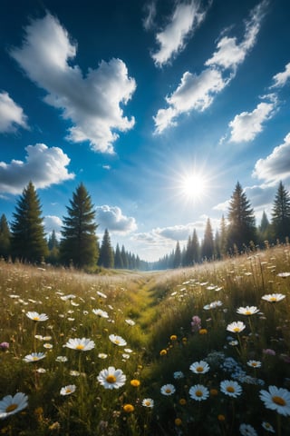 A gentle breeze blowing through a meadow full of flowers, under a bright blue sky.