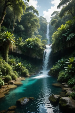 A crystal-clear waterfall cascading into a natural pool surrounded by lush vegetation.