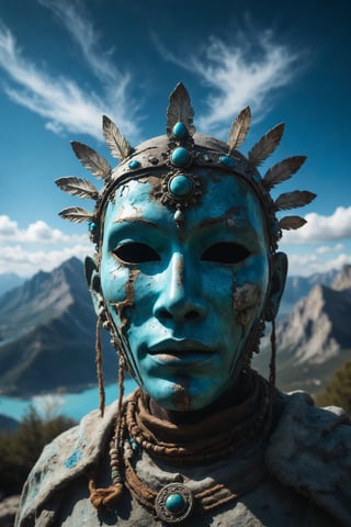 A light blue turquoise in a ceremonial mask, glowing with sacred light, on a sacred mountain under a blue sky.