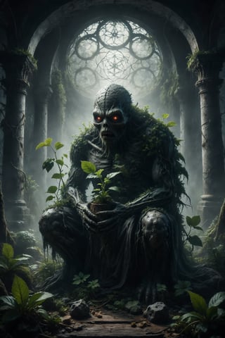 Create an image of a horror monster  patiently observing a slowly growing plant, symbolizing waiting, patience and evaluating long-term progress with 7 large pentacles 