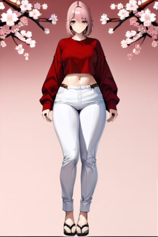 highly detailed, high quality, beautifull,1girl, solo, sakura, sexy body, full body, showing navel), shirt red, pants white,more detail XL