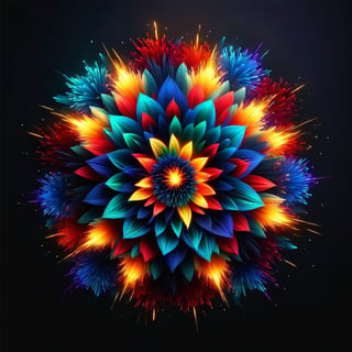 mandala of fireworks, sparkles, smoke, bengal fire, energy assembled, depth, 3D, glowing, octane render, photorealistic, dark background, soft natural light