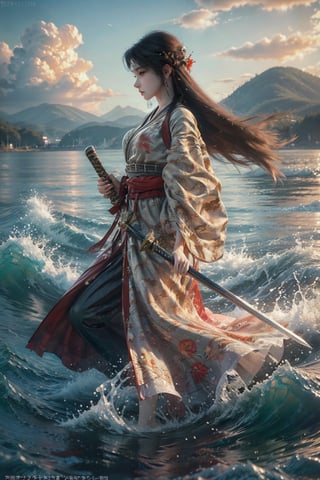 1girl, 23 year old Taiwanese beauty, solo, cool, long hair, black hair, long sleeves, natural huge breasts, holding, weapon, outdoors, japanese sheer clothes, sky, day, sword, cloud, wide sleeves, kimono, water, holding weapon, sash, profile, floating hair, watermark, holding sword, obi, floral print, katana, wind, mountain, fighting stance, realistic, waves, looking at the viewer,realhands