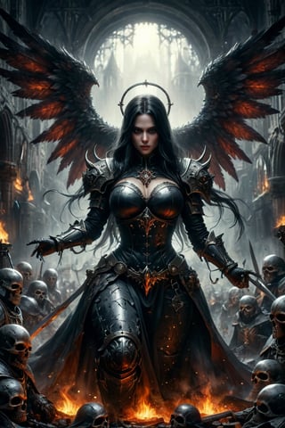 Masterpiece, best quality, ultra-high resolution, enhanced details, visually stunning, stunningly beautiful, huge breasts, slim waist, wide hips, huge ass, award-winning art, (abstract art: 1.3), beautiful, very detailed, very beautiful, battle nun, medieval warhammer style,  adepta sororitas, sisters of battle kneeling in background, black hair, long hair, battle armor, dark sword, wings, realistic watercolor painting, trending on artstation, sharp focus, studio photo, intricate details, highly detailed, by greg rutkowski, more DetailsXL