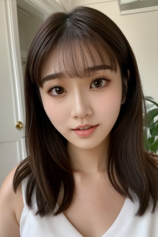 Cute girl with white skin, slim, long brown hair, bangs, double eyelids, large round eyes, long eyelashes, full body with legs and feet, light makeup, age 20 years old, kpop girl, tiktok girl, internet celebrities, metis (persona),Bomi