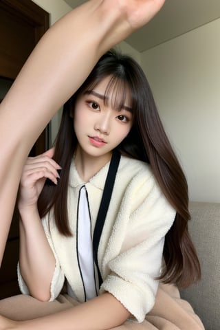 Cute girl with white skin, slim, long brown hair, bangs, double eyelids, large round eyes, long eyelashes, full body with legs and feet, light makeup, age 20 years old, kpop girl, tiktok girl, internet celebrities, metis (persona),Bomi