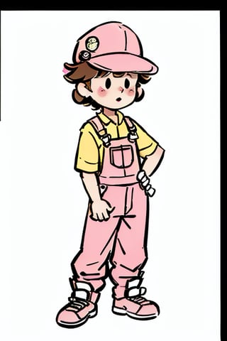 chibi, style parody, ((masterpiece,best quality)), absurdres, hmdmg1, boy, propeller hat, overalls, blush, blush stickers, solo, looking at viewer, cowboy shot, cinematic composition, contrapposto,simple background, white background, eldmeisterog style ,sks style,sketch art, :o,