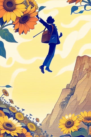 A young man, carefree figure walks towards the edge of a cliff, looking up at the sky. He is carrying a light backpack and is about to take a confident step into the void. In her right hand she holds a white flower while in her left an orange suitcase, fractal art (tarot card design), botanical illustration, sunflowers, classic and elegant flourish, Lofi artistic style, vintage, [(text that says "EL LOCO")], best quality, masterpiece, extremely detailed and intricate details, a man laying on a couch in front of a tv, 2 0 0 0 s cover art, energetic mood, vogue, inspired 2000`s, diaper-shaped, psycodellic, holding electric guitars, colonial style, upsidedown, post grunge, midair, poster vintage, fashion color