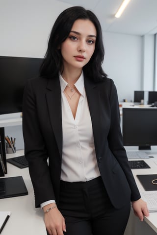 22 year old girl, solo, looking at viewer, blue eyes, black straight hair, closed mouth, artist name, lips, white shirt, black blazer, realistic, perfect hairstyle, office_lady, office, office dress, standing, looking straight, half body, attention position, More Detail