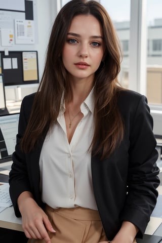 22 yr 1girl, solo, long hair, looking at viewer, blue eyes, brown hair, shirt, black hair, closed mouth, jacket, half body, artist name, lips, white shirt, black jacket, realistic, office_lady, office, straight position, looking straight, office dress,