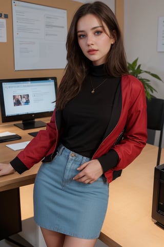 1girl, solo, long hair, looking at viewer, blue eyes, brown hair, shirt, black hair, closed mouth, jacket, half body, artist name, lips, red shirt, black jacket, realistic, office_lady, office, straight position, looking straight, office dress, professional look,