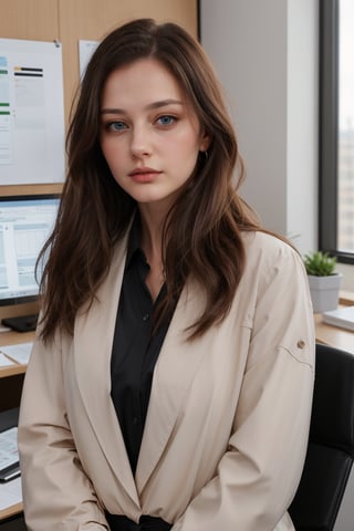 22 yr 1girl, solo, long hair, looking at viewer, blue eyes, brown hair, shirt, black hair, closed mouth, jacket, half body, artist name, lips, white shirt, black jacket, realistic, office_lady, office, straight position, looking straight, office dress,