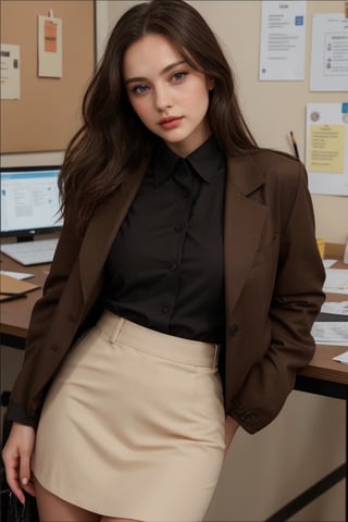 1girl, solo, long hair, looking at viewer, blue eyes, brown hair, shirt, black hair, closed mouth, jacket, half body, artist name, lips, black shirt, brown jacket, realistic, office_lady, office, straight position, office dress,