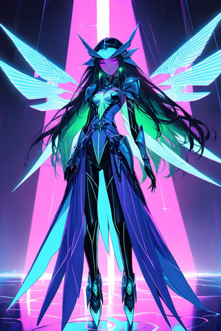 a alien seductress woman, with some aereal armor in her body, she have some nazca lines in all her body  all,glowing in a neon tellow color light, she have a tecnological wings in her waist and long hair