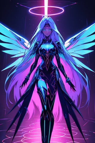 a alien seductress woman, with some aereal armor in her body, she have some nazca lines in all her body  all,glowing in a neon random color light, she have a tecnological wings in her back and long hair