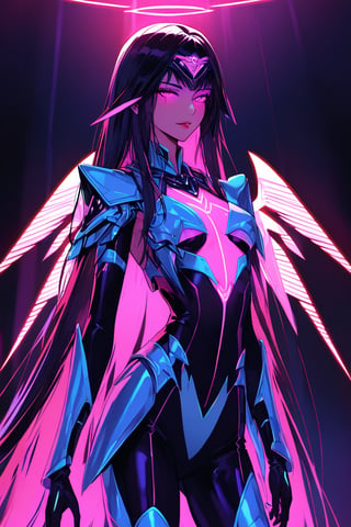 a alien seductress woman, with some aereal armor in her body, she have some nazca lines in all her body  all,glowing in a neon random color light, she have a tecnological wings in her back and long hair