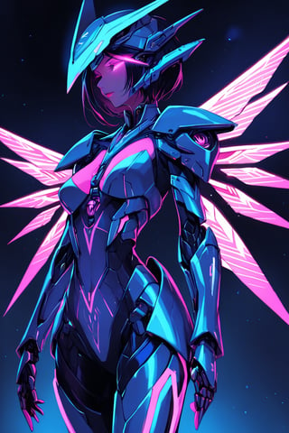 a alien seductress woman, with some mechanical armor in her body, she have some nazca lines in all her body  all,glowing in a neon random color light, she have a tecnological wings in her back