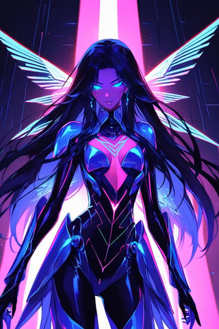 a alien seductress woman, with some aereal armor in her body, she have some nazca lines in all her body  all,glowing in a neon random color light, she have a tecnological wings in her back and long hair