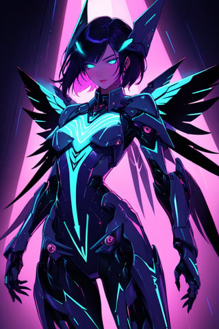 a alien seductress woman, with some mechanical armor in her body, she have some nazca lines in all her body  all,glowing in a neon random color light, she have a tecnological wings in her back