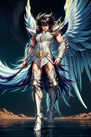 1man, solo, muscular, strong jaw, masculine looks, 18 years old, asian, black hair, toned muscular body, Saint Seiya knight of the zodiak: Pegasus Seiya, white red suit, realistic, high quality, Masterpiece, High resolution, 8k, ultra detailed, reflection, sharp focus, symetrical, full body, (Photography + Abstract Expressionism + Realism) ,zzhyogacygnuszz in armor,Masterpiece,xxseiyapegasusxx