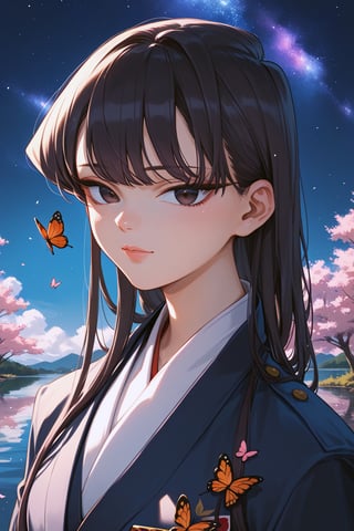 core_9, score_8_up, score_7_up, score_6_up, source_anime, 
1girl, solo, japanese clothes, uniform, demon slayer uniform, animal print, butterfly print, coat, 
lake, starry sky, outdoors, 
portrait, eyes close-up, eyes focus,Komi shouko